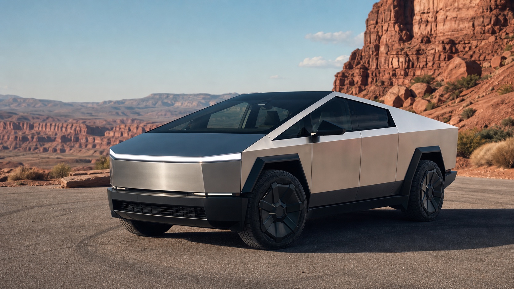 Angular electric pickup in a desert landscape for the Tesla Cybertruck guide